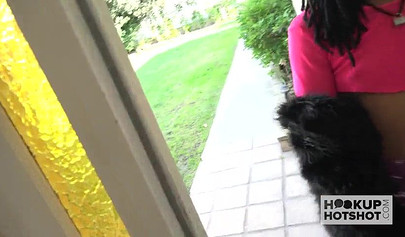 Fucking a tiny teen ebony Kira Noir on the floor doggystyle, she eats my cum