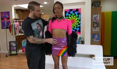 Fucking a tiny teen ebony Kira Noir on the floor doggystyle, she eats my cum