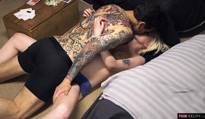 A tattoed guy fills a cute little teen cunt with his thick, hot and dense cum