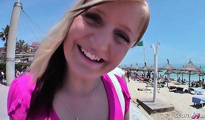 Teen tourist has rough sex with a local outdoors, let him spray her little booty