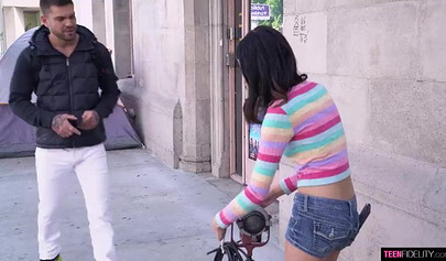 Brunette teen lets a punk with tattoos fuck her little pussy and fill it up