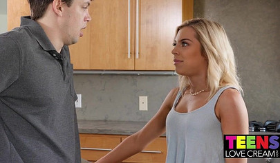 Blonde teen deepthroats dick, has sex on the kitchen table, and gets a creampie