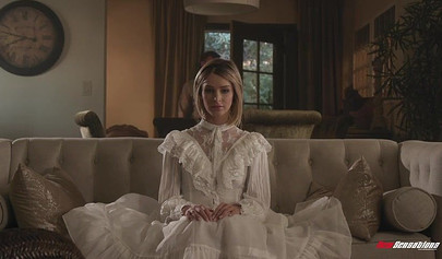 18+ Emma Hix gets fucked cowgirl style in a cute dress and receives a cumshot