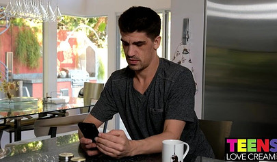 A thick teen brunette gargles on a dick and then gets it all the way up there