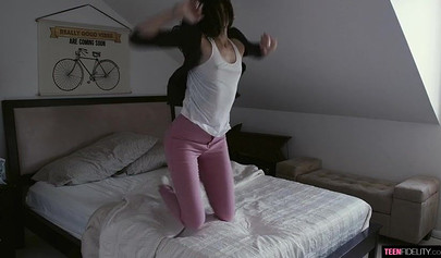 Petite brunette teen deepthroats a cock and gets her cunt smashed and filled up