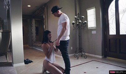 Petite brunette teen deepthroats a cock and gets her cunt smashed and filled up