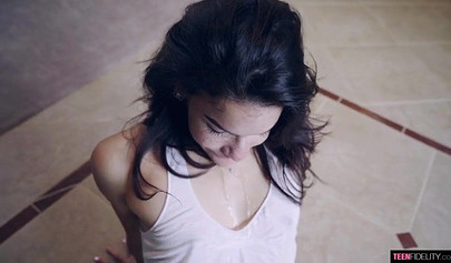 Petite brunette teen deepthroats a cock and gets her cunt smashed and filled up