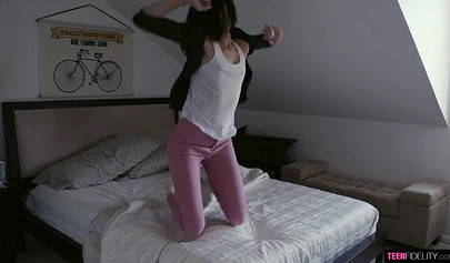 Cute brunette teen sucks on a big schlong and gets fucked reverse cowgirl style