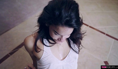 Cute brunette teen sucks on a big schlong and gets fucked reverse cowgirl style