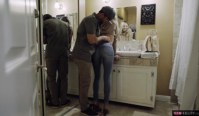 Gorgeous skinny blonde teen choked with a massive cock before being impaled on it