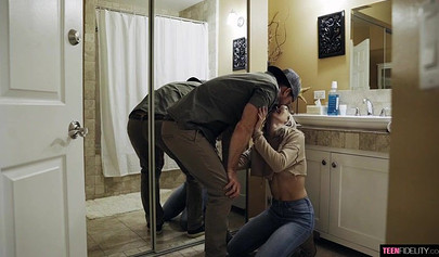 Gorgeous skinny blonde teen choked with a massive cock before being impaled on it