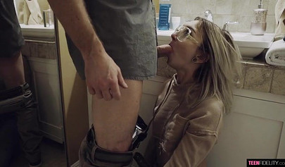 Gorgeous skinny blonde teen choked with a massive cock before being impaled on it