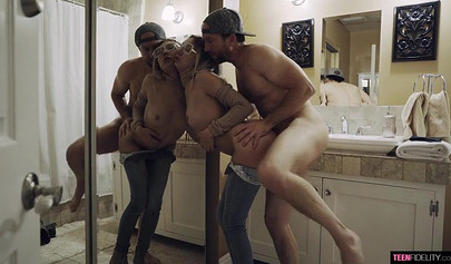 Gorgeous skinny blonde teen choked with a massive cock before being impaled on it