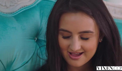 Two beautiful brunette teenies taking turns sucking and riding a big hard cock