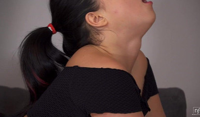 Luscious dark-haired teenie slobbers on his massive cock before riding it rough