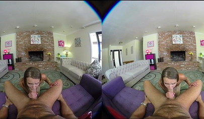 Charming blonde nubile swallows a big hard cock and rides it balls deep in VR