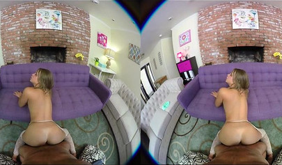 Charming blonde nubile swallows a big hard cock and rides it balls deep in VR