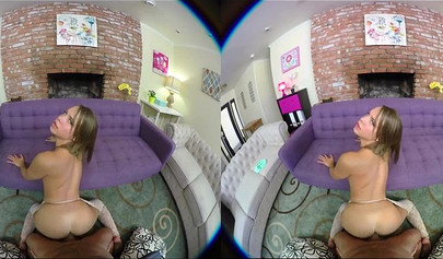 Charming blonde nubile swallows a big hard cock and rides it balls deep in VR