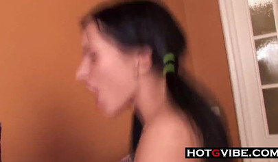 Skinny petite black-haired teenie ravaged balls deep in both of her tight holes