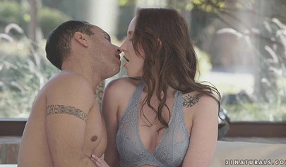 Charming brunette teenie slobbers on a hard cock before having her ass hammered