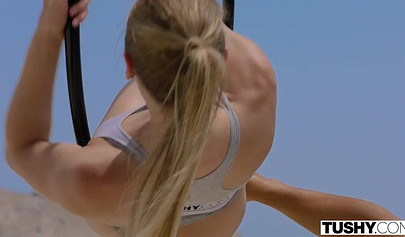 Athletic blonde nubile takes a massive cock in her wet pussy and her tight ass