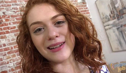 Curly redhead nubile gives a long and sensual handjob and receives a hot creampie