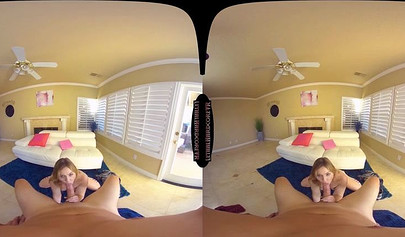 Cute blonde teenie schoolgirl sucks a big cock and rides it long and hard in VR