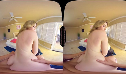 Cute blonde teenie schoolgirl sucks a big cock and rides it long and hard in VR