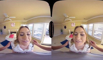 Cute blonde teenie schoolgirl sucks a big cock and rides it long and hard in VR