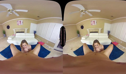 Cute blonde teenie schoolgirl sucks a big cock and rides it long and hard in VR