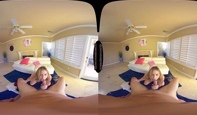 Cute blonde teenie schoolgirl sucks a big cock and rides it long and hard in VR