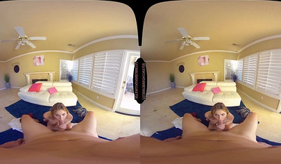 Cute blonde teenie schoolgirl sucks a big cock and rides it long and hard in VR