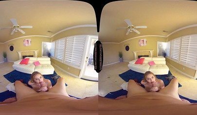 Cute blonde teenie schoolgirl sucks a big cock and rides it long and hard in VR