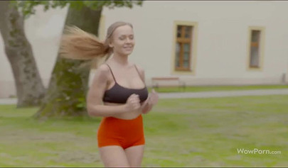 Two fit teens with great tits and perfect bodies have a steamy lesbian sex outside