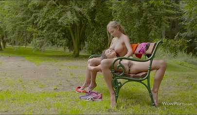 Two fit teens with great tits and perfect bodies have a steamy lesbian sex outside