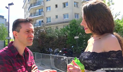 Young brunette nubile seduced into sucking a huge cock and taking it in both holes