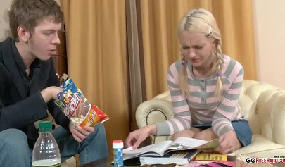 Innocent blonde teenie sucks on his cock before having her young ass destroyed