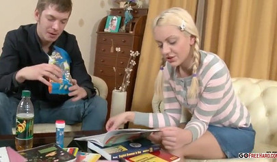 Innocent blonde teenie sucks on his cock before having her young ass destroyed