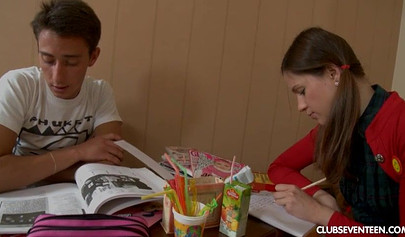 Innocent brunette teenie seduced into sucking cock and fucking instead of studying