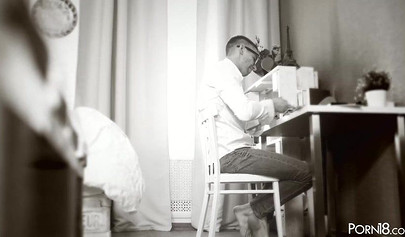 Tiny brunette teen Lisa Cock fucks a working guy in his home bedroom office