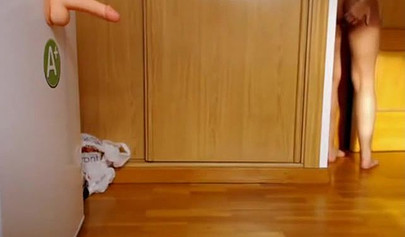 Skinny brunette teen with tiny tits chokes on a dildo and masturbates on a webcam