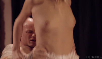 Dominant bald dude presses woman against table and fills her little pussy up