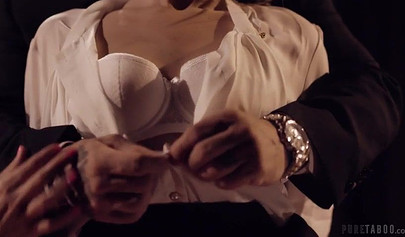 Dominant bald dude presses woman against table and fills her little pussy up