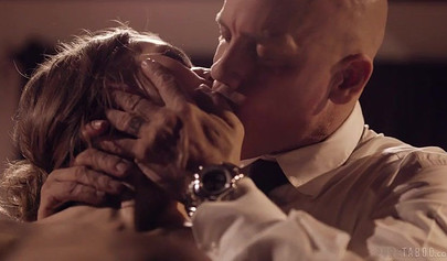 Dominant bald dude presses woman against table and fills her little pussy up