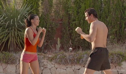 Boxer teen babe turns sparring match into hot steamy sex round and swallows cum