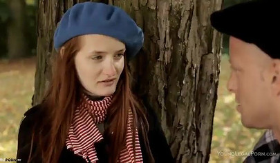 Redhead teenie kisses her lover and then gets her tight wet pussy licked out