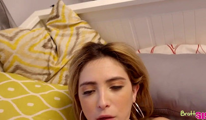 Submissive stepsister strips naked in front of stepbrother and takes his cock