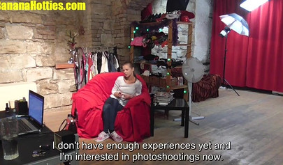 Young teen girl with small tits strips down in front of a camera for money