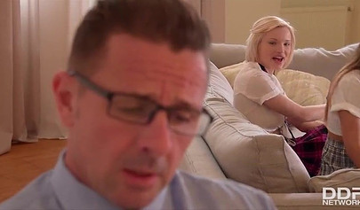 Two hot teen school girls share daddy's dick after working hard in classes