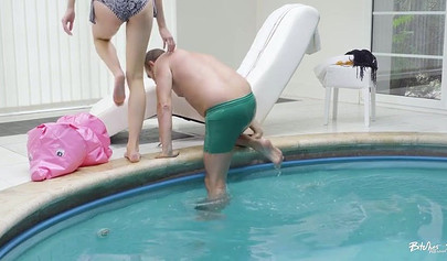 Cute teen babe is ready to degrade herself and fuck a fat old guy by the pool